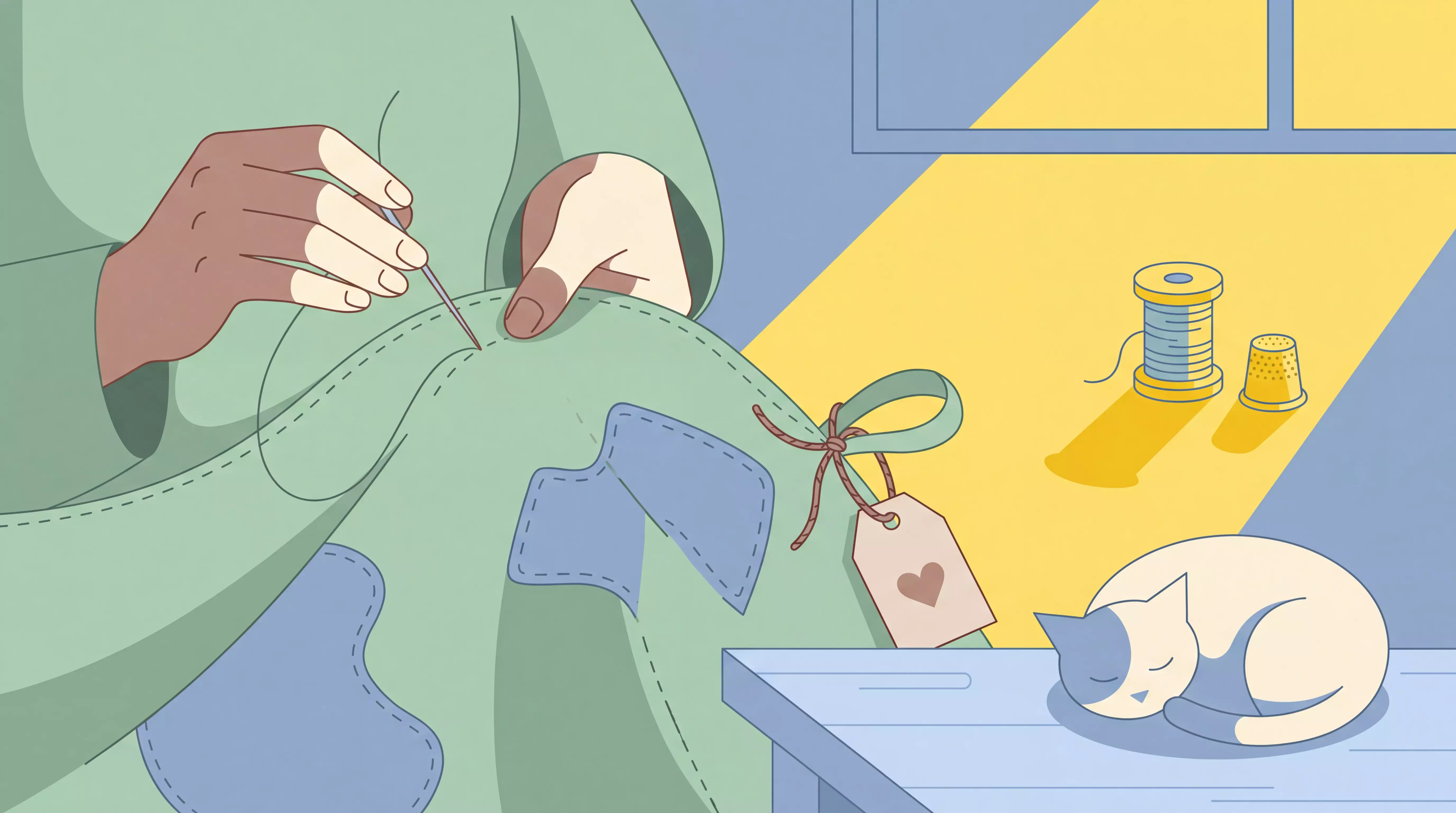 Hands sewing fabric with a cat nearby