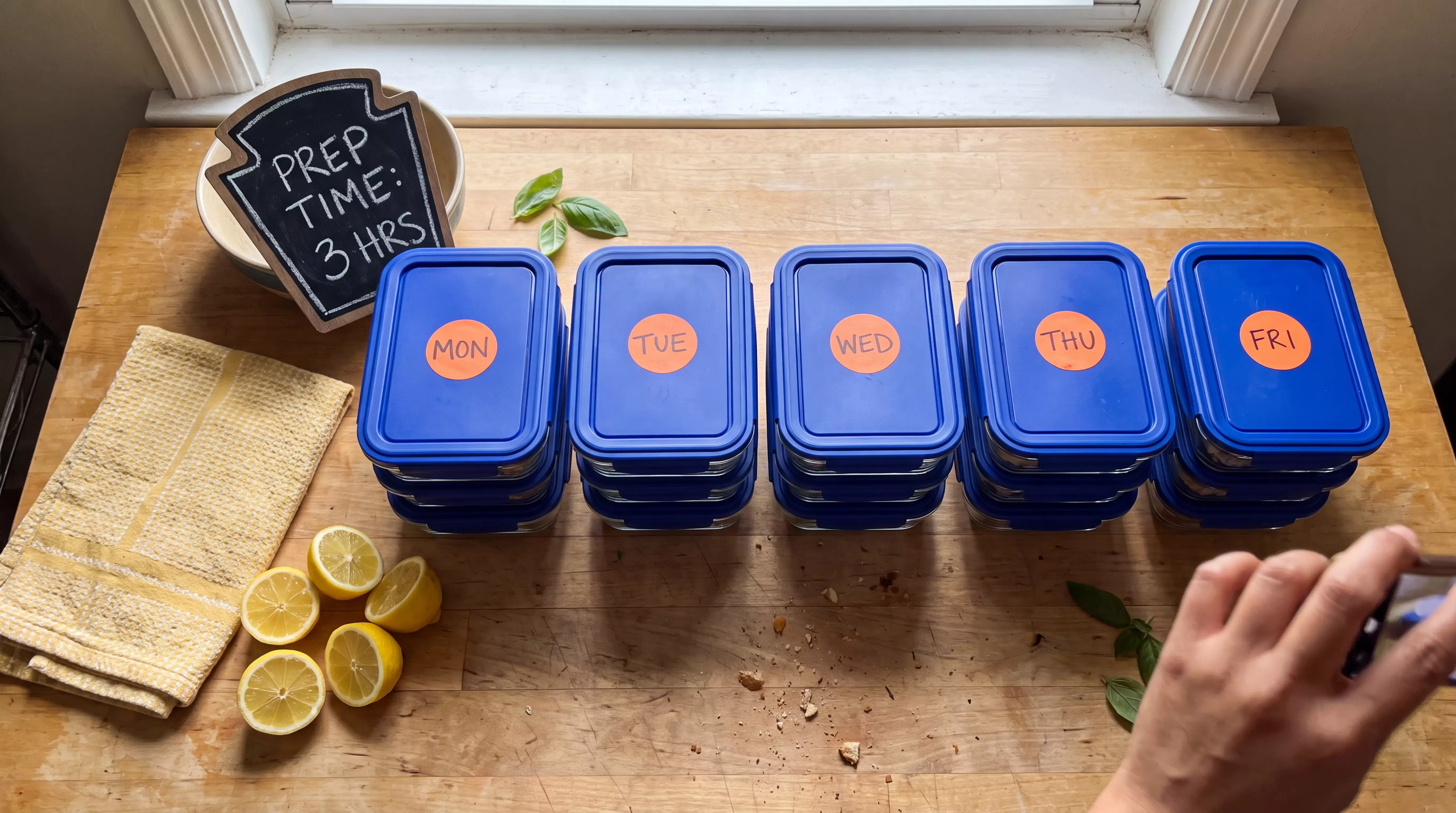 Weekday meals stacked and labeled