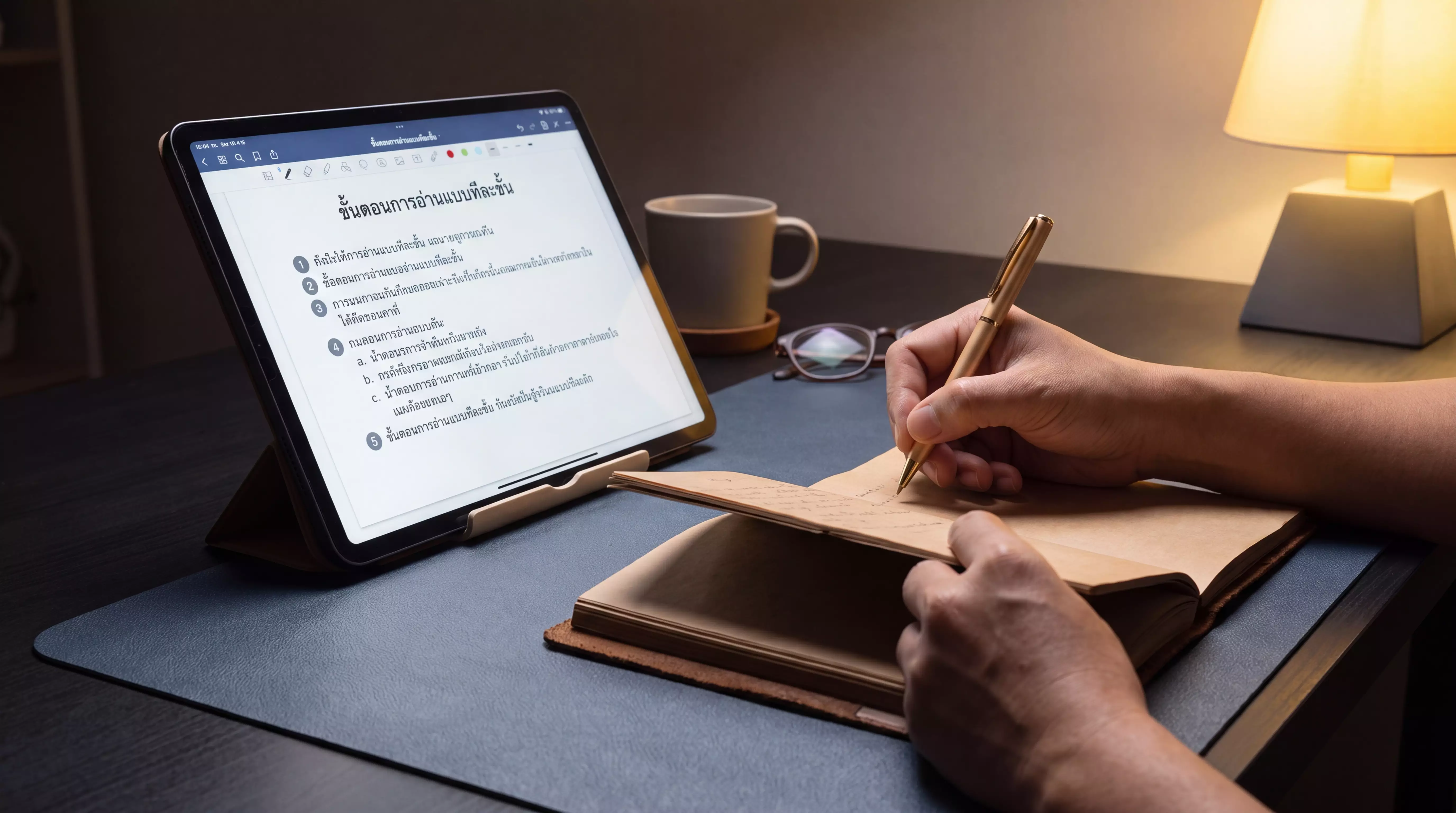 Hands taking notes on a tablet