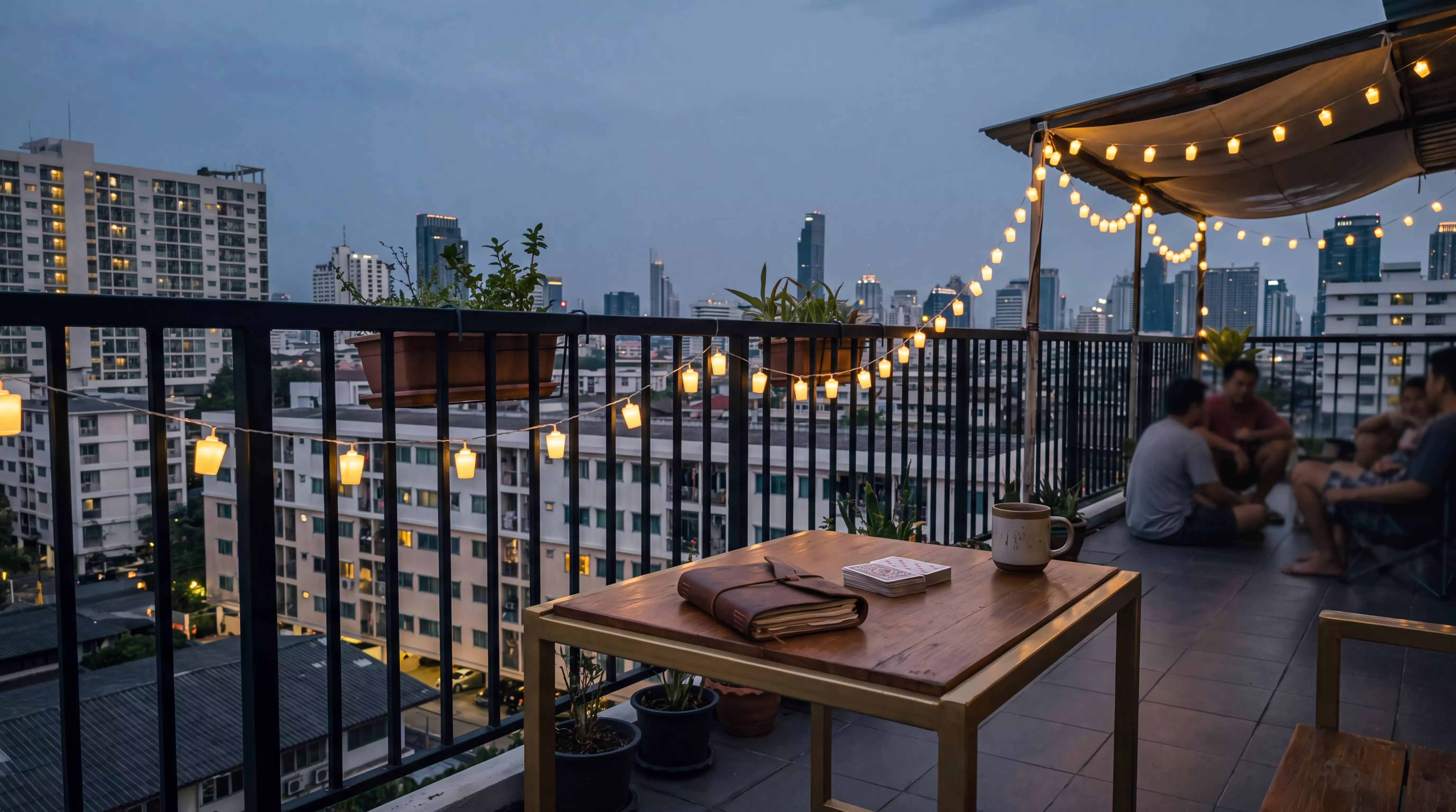 Rooftop reading corner at dusk