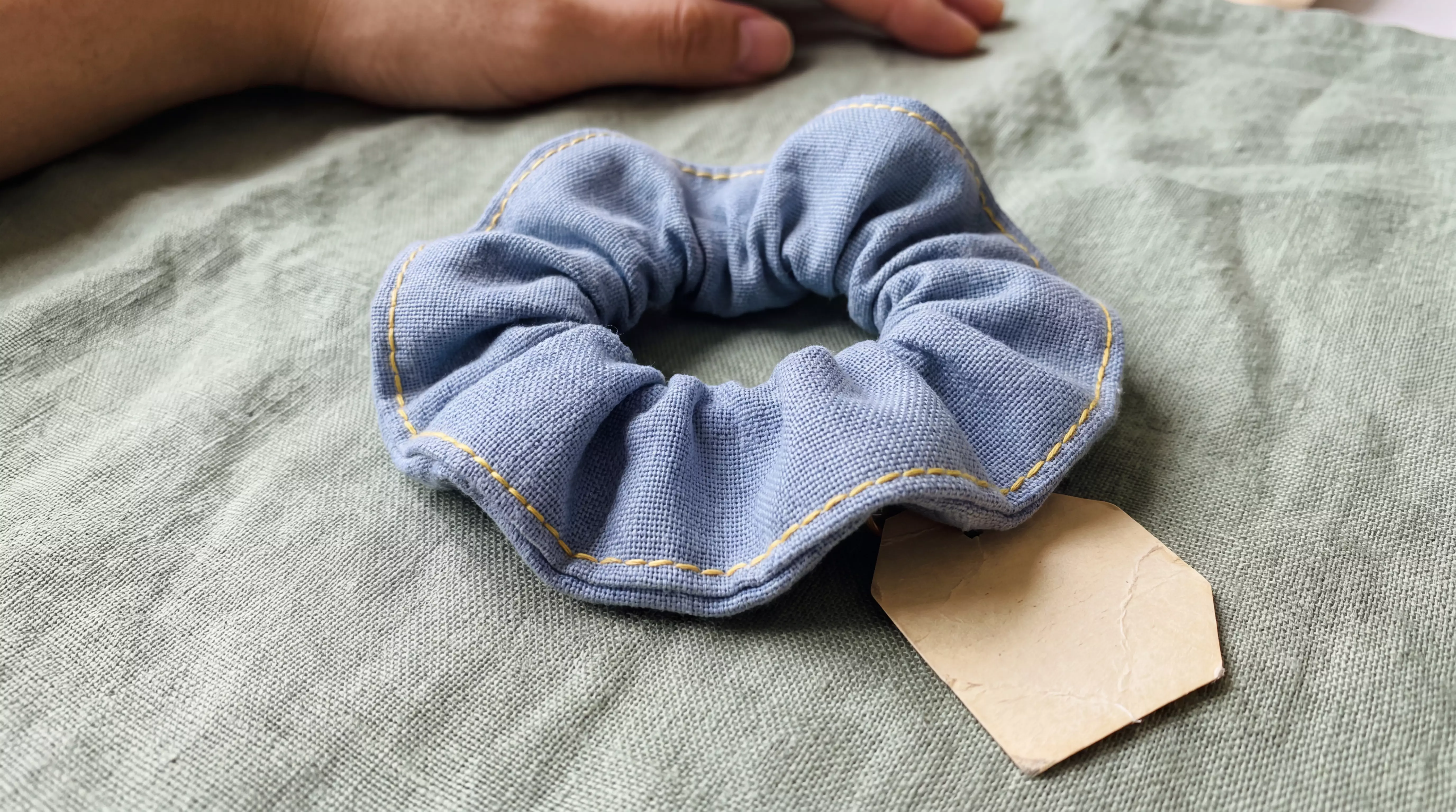 Handmade scrunchie on linen cloth