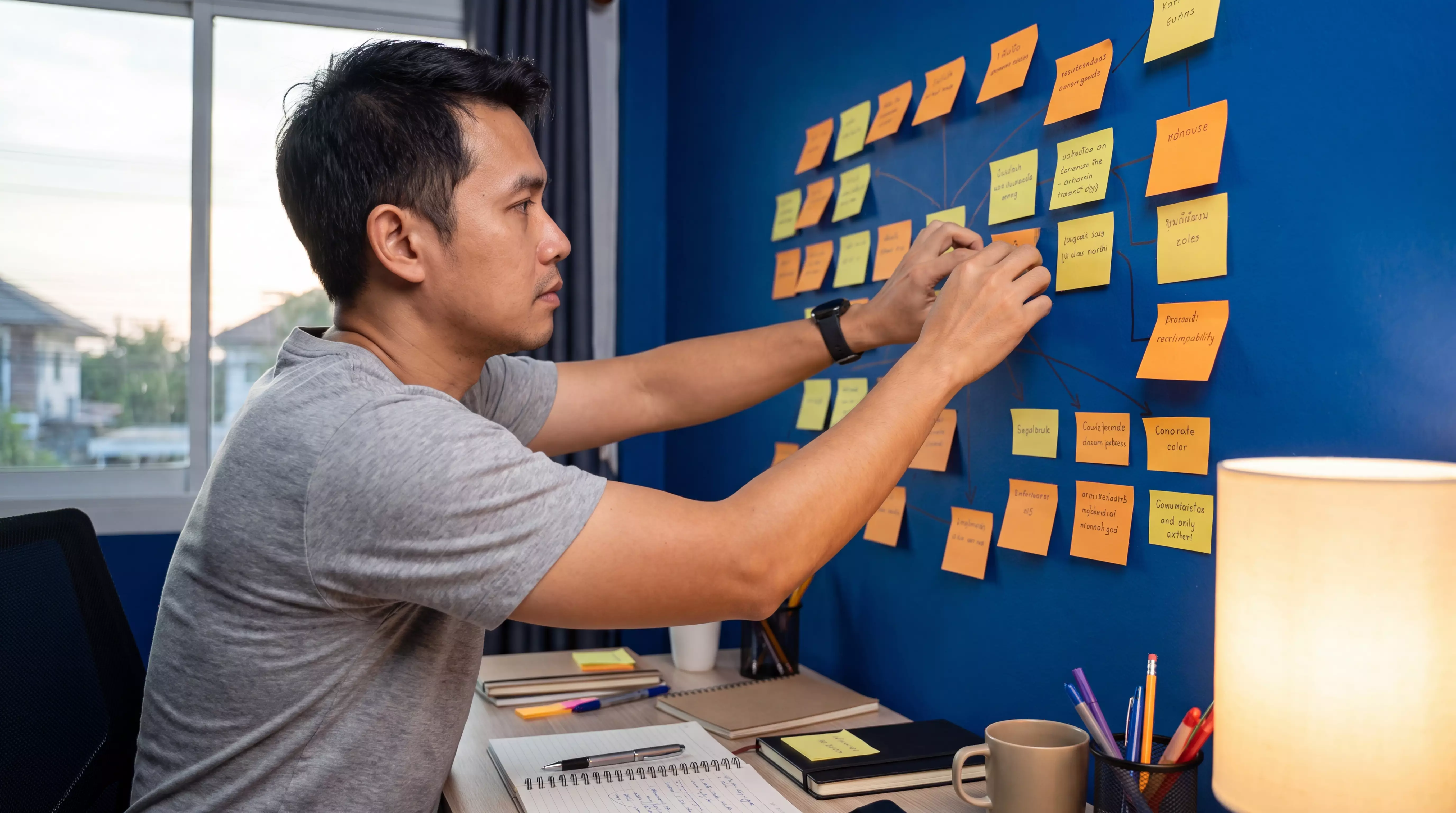 Organizing sticky notes on a workshop wall