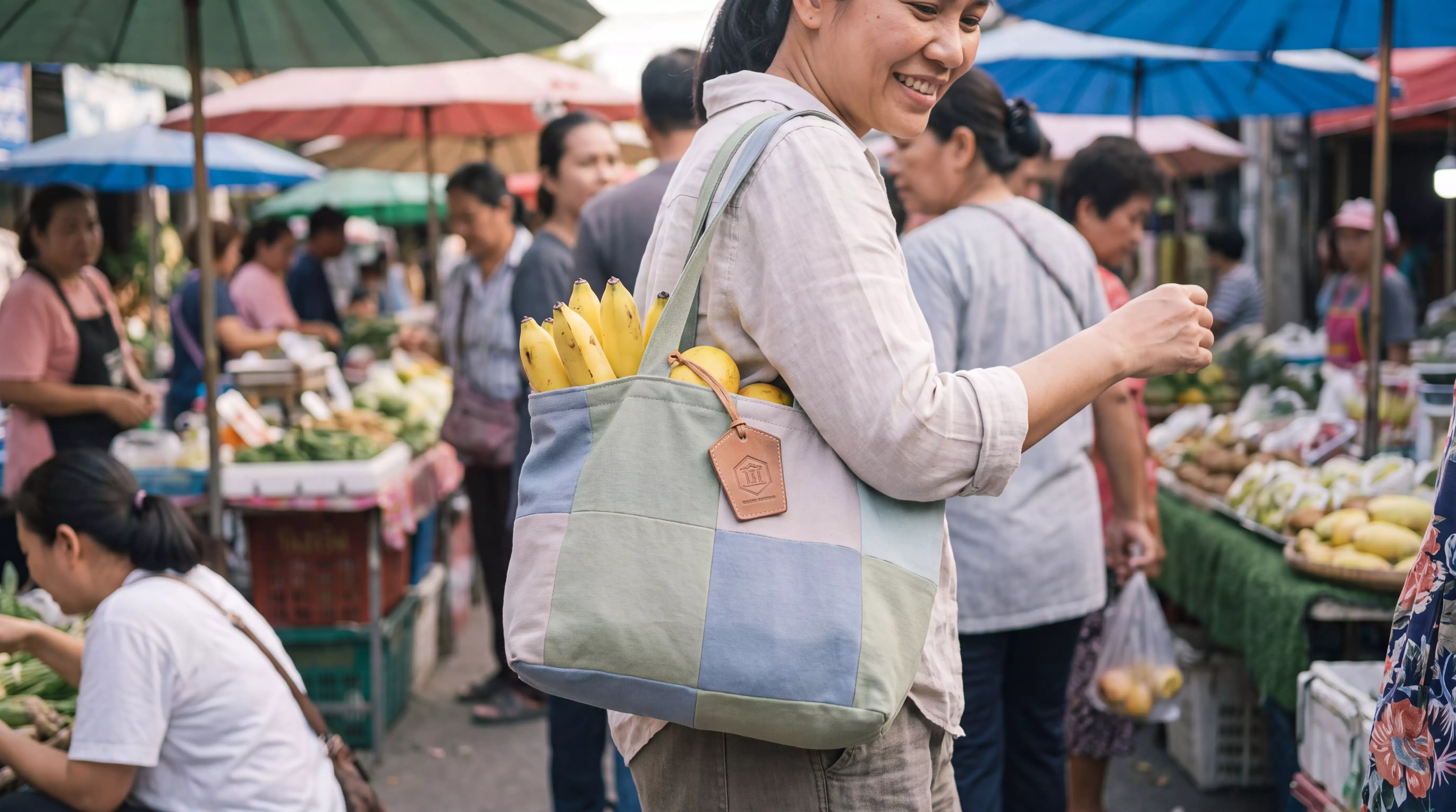 Woman carrying a pastel tote